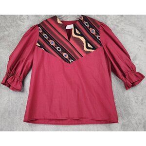 Cross Eyed Cricket Shirt Womens Large Burgundy Aztec Print Western Puff Sleeve